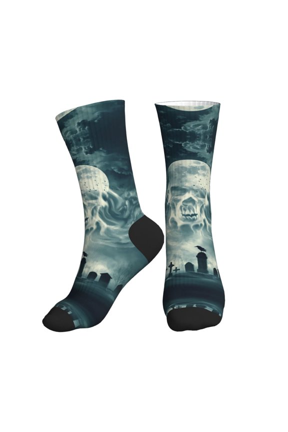 Crew Socks for Women Men Athletic - Scary Moon And Clouds Soft Comfort Breathable Mid-Calf Sole Running Socks Womens Men