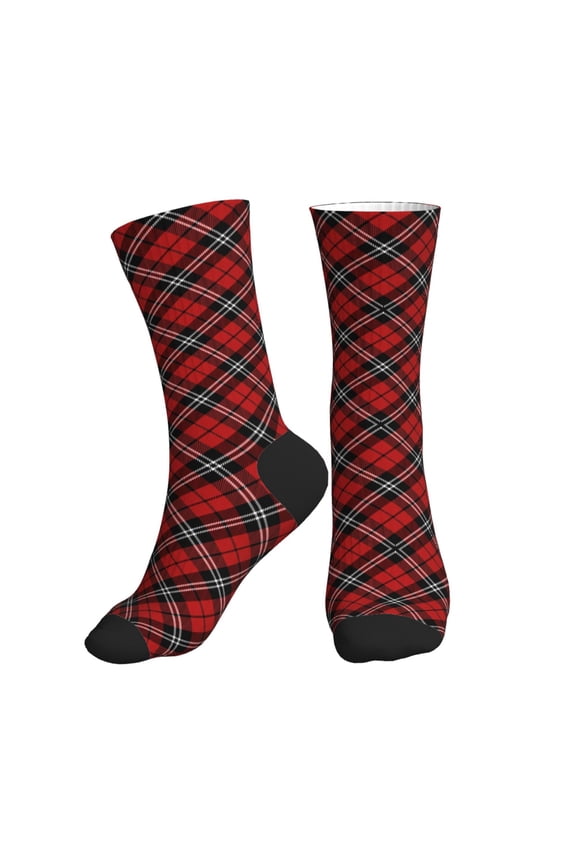 Crew Socks for Women Men Athletic - Scottish checkered black red plaid Soft Comfort Breathable Mid-Calf Sole Running Socks Womens Men