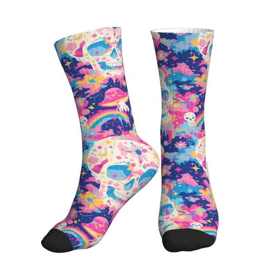 Crew Socks for Women Men Athletic - Skull rainbow color space Soft Comfort Breathable Mid-Calf Sole Running Socks Womens Men