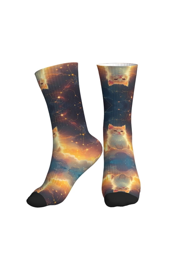Crew Socks for Women Men Athletic - Starry Sky Constellation Cat Soft Comfort Breathable Mid-Calf Sole Running Socks Womens Men