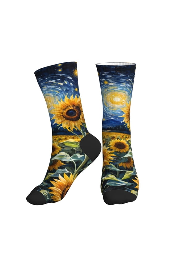 Crew Socks for Women Men Athletic - Starry Sky Sunflower Soft Comfort Breathable Mid-Calf Sole Running Socks Womens Men