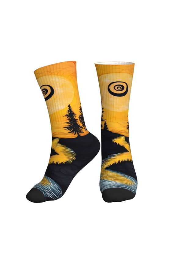 Crew Socks for Women Men Athletic - Sunset River Pine Trees Soft Comfort Breathable Mid-Calf Sole Running Socks Womens Men