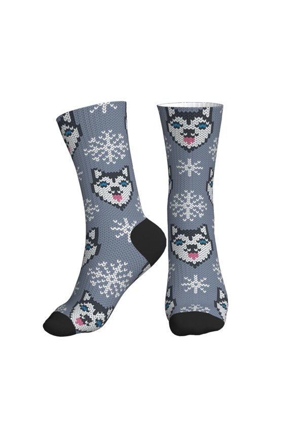 Crew Socks for Women Men Athletic - Weaving Cute Husky Dog Snowflake Soft Comfort Breathable Mid-Calf Sole Running Socks Womens Men