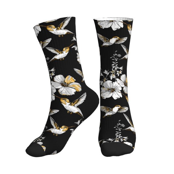 Crew Socks for Women Men Athletic - White Flowers Hummingbirds Soft Comfort Breathable Mid-Calf Sole Running Socks Womens Men