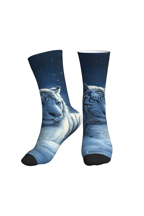 Crew Socks for Women Men Athletic - White Tiger Under Full Moon A Soft Comfort Breathable Mid-Calf Sole Running Socks Womens Men