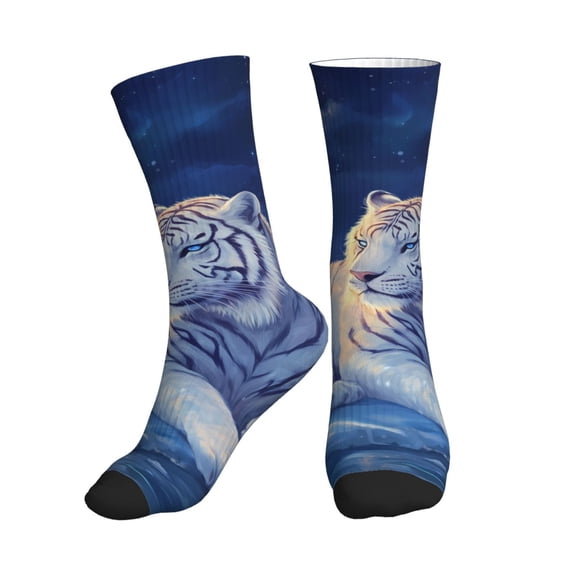 Crew Socks for Women Men Athletic - White Tiger Under Full Moon Soft Comfort Breathable Mid-Calf Sole Running Socks Womens Men