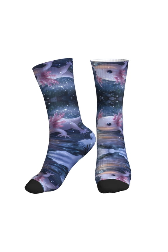 Crew Socks for Women Men Athletic - Winter Axolotl in Frozen Pond Soft Comfort Breathable Mid-Calf Sole Running Socks Womens Men