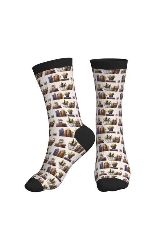 Crew Socks for Women Men Athletic - cute books plants reading print Soft Comfort Breathable Mid-Calf Sole Running Socks Womens Men