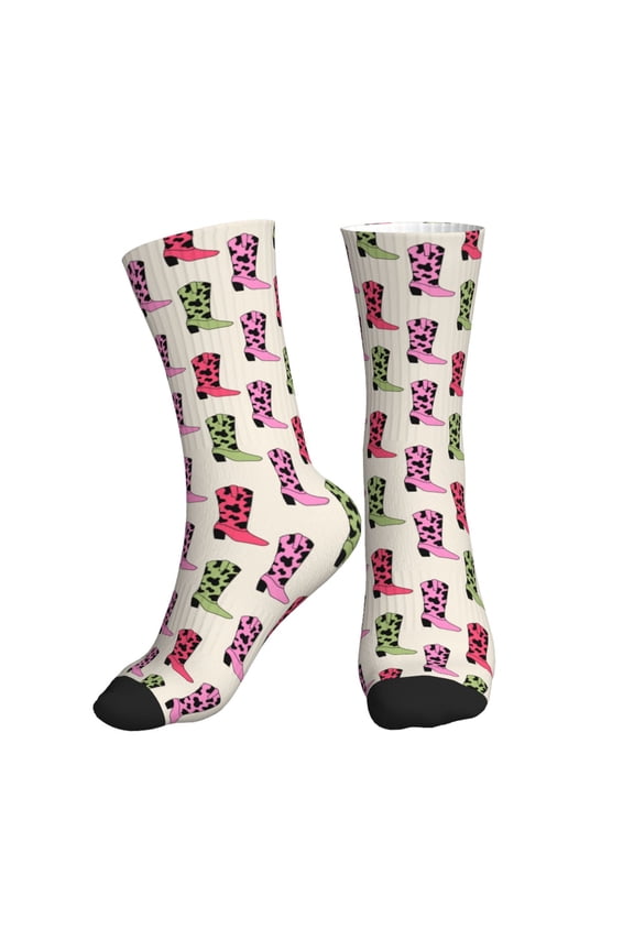 Crew Socks for Women Men Athletic - retro cowboy boots cow print Soft Comfort Breathable Mid-Calf Sole Running Socks Womens Men