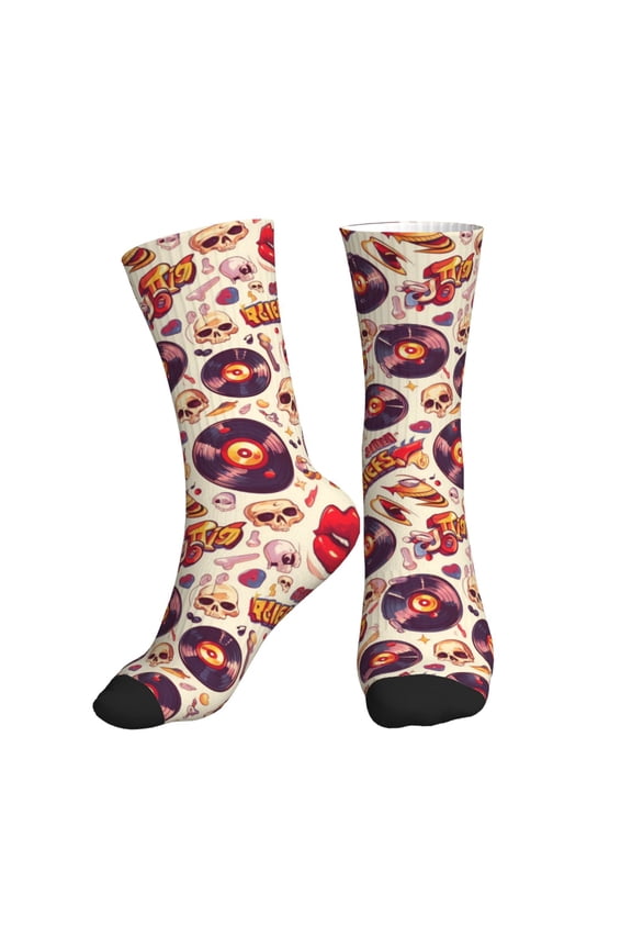 Crew Socks for Women Men Athletic - rock music Skull record Soft Comfort Breathable Mid-Calf Sole Running Socks Womens Men