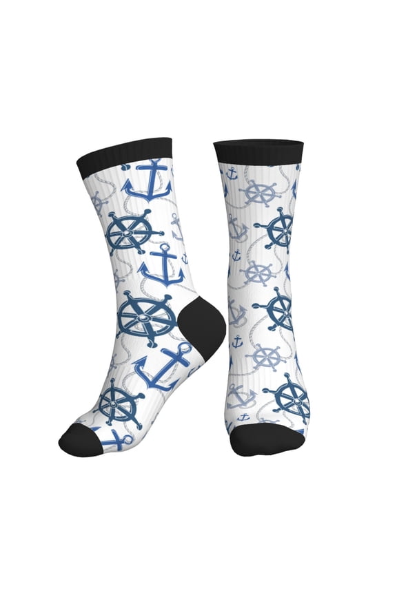 Crew Socks for Women Men Athletic - vintage anchor rope rudder blue Soft Comfort Breathable Mid-Calf Sole Running Socks Womens Men
