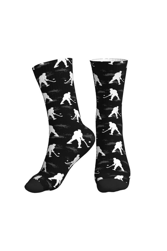 Crew Socks for Women Men Athletic - white hockey players black print Soft Comfort Breathable Mid-Calf Sole Running Socks Womens Men