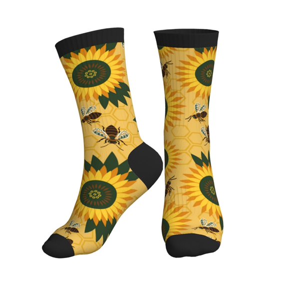 Crew Socks for Women Men, Bees and Sunflowers A Moisture Running Athletic Football Striped Socks Cushion Tube Socks