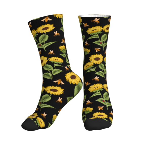 Crew Socks for Women Men, Bees and Sunflowers Moisture Running Athletic Football Striped Socks Cushion Tube Socks