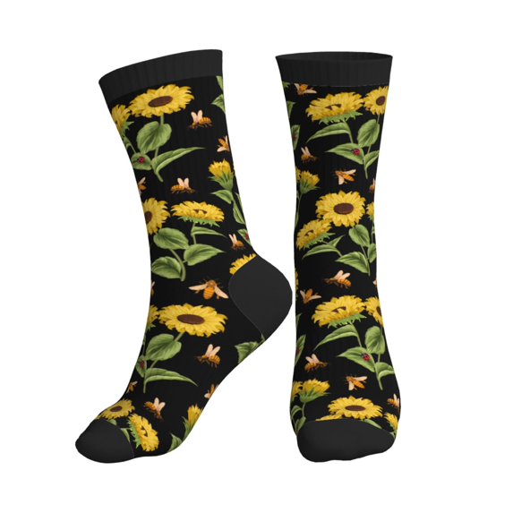 Crew Socks for Women Men, Bees and Sunflowers Moisture Running Athletic Football Striped Socks Cushion Tube Socks