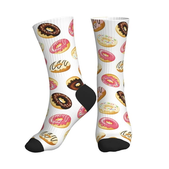 Crew Socks for Women Men - Donut Print White Athletic Running Socks Breathable Crew Socks Casual Calf Socks