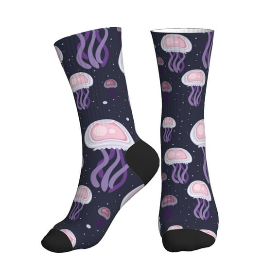 Crew Socks for Women Men, Pink Purple Jellyfish  Moisture Running Athletic Football Striped Socks Cushion Tube Socks