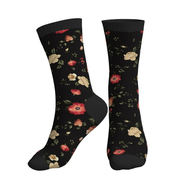 Crew Socks for Women Men, Red white flowers Comfort Breathable Crew