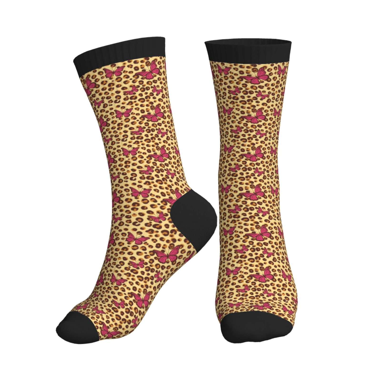 Crew Socks for Women Men, fashion butterfly yellow leopard Soft