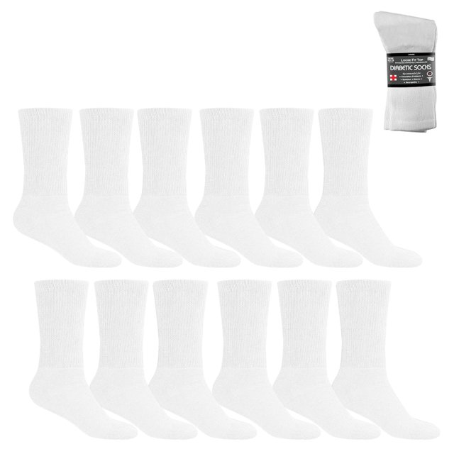 Physicians Choice Diabetic Crew Socks, White, Men's Size 13-15, 12