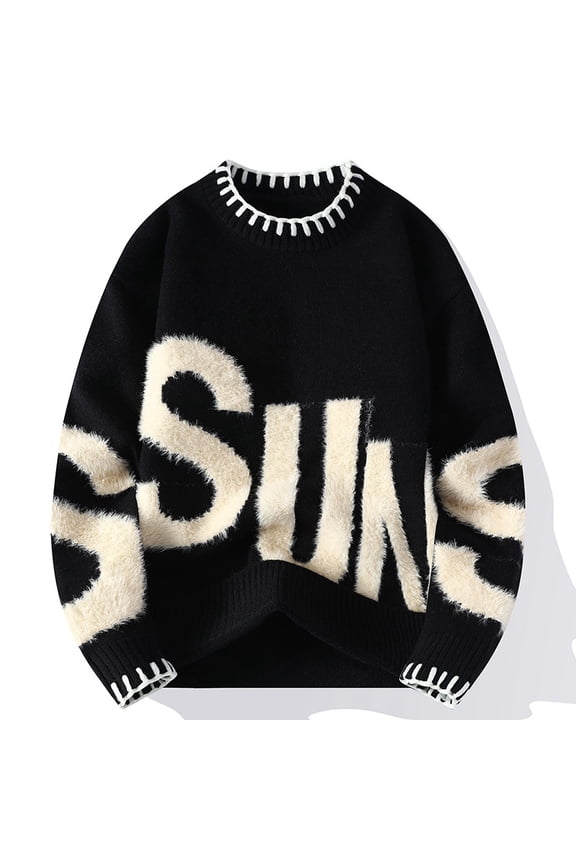 Crew neck jacquard sweater, new autumn and winter warm thickened men's loose letter knit sweater base coat