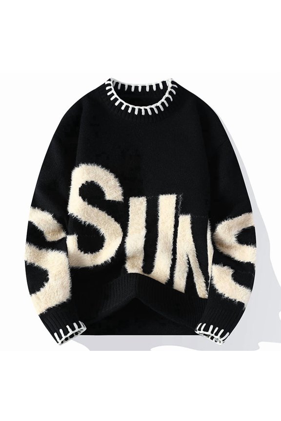 Crew neck jacquard sweater, new autumn and winter warm thickened men's loose letter knit sweater base coat