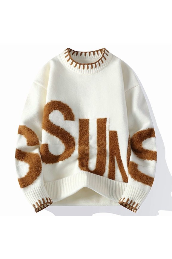 Crew neck jacquard sweater, new autumn and winter warm thickened men's loose letter knit sweater base coat