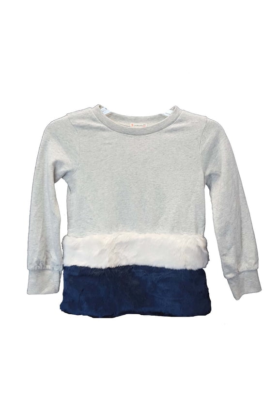 Girl's Long Sleeve Fur Trim Shirt, Grey/White/Navy, 6-7