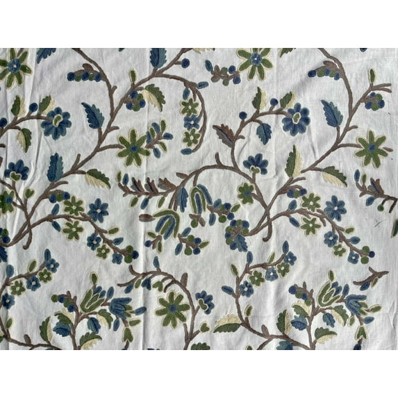 Kashmir Crewel Hand Embroidered Fabric, Cotton Base with Wool Embroidery, White Blue Floral Design, 60 Inch Wide, Half Yard Cut, Artisan Home Decor Fabric