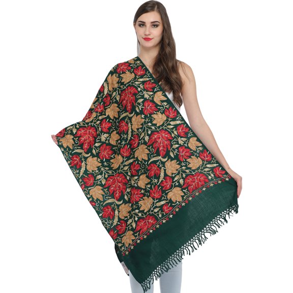 Crewel Stole with Embroidered Maple Leaves All-Over – bistro green