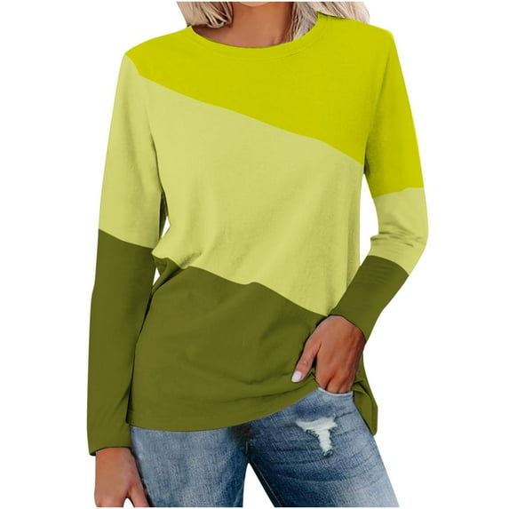Crewneck Casual Long Sleeve Tops for Women Loose Fit Patchwork Softy Going Out Tops Trendy(Yellow,3XL)