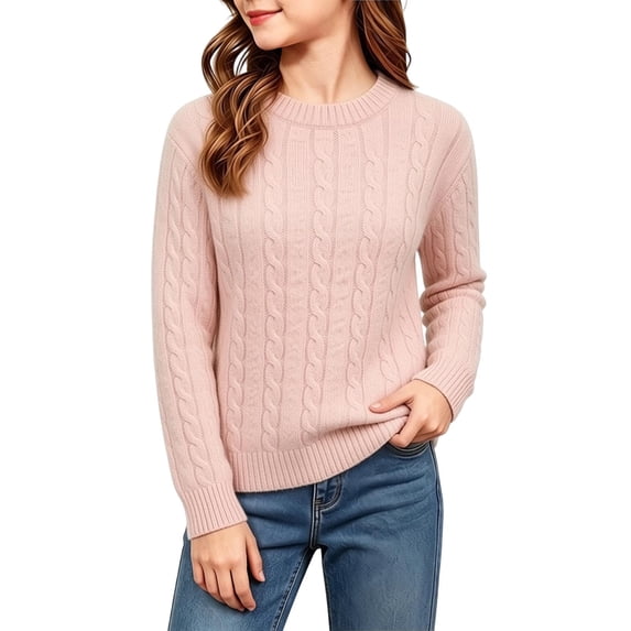 Crewneck Fall Sweaters Girls Base Layer Thermal Cable Knit Sweater Winter Warm Underwear Pullover Tops Pink, 7 Y