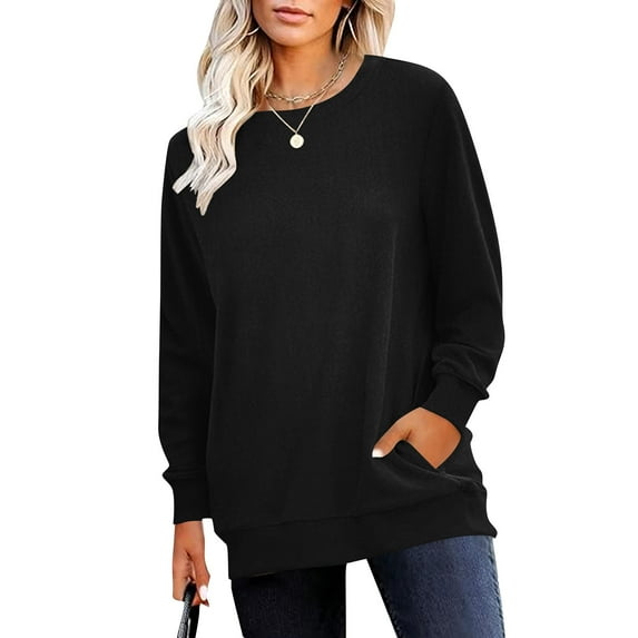 Crewneck Fall Sweatshirts for Women Trendy Plain Long Sleeve Shirts Pullover Tops with Pockets