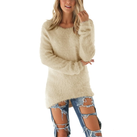Crewneck Knitted Tunic Tops for Women Oversized Baggy Long Sleeve Fluffy Sweaters Loose Long Pullover T-Shirts Tops for Womens Office Workwear Holidays