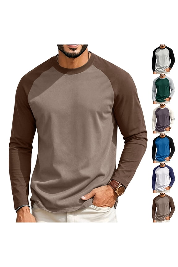 Crewneck Long Sleeve Raglan Tops for Men Color Block Regular Fit Cotton Casual Outdoor Walking Shirts Light Brown XL