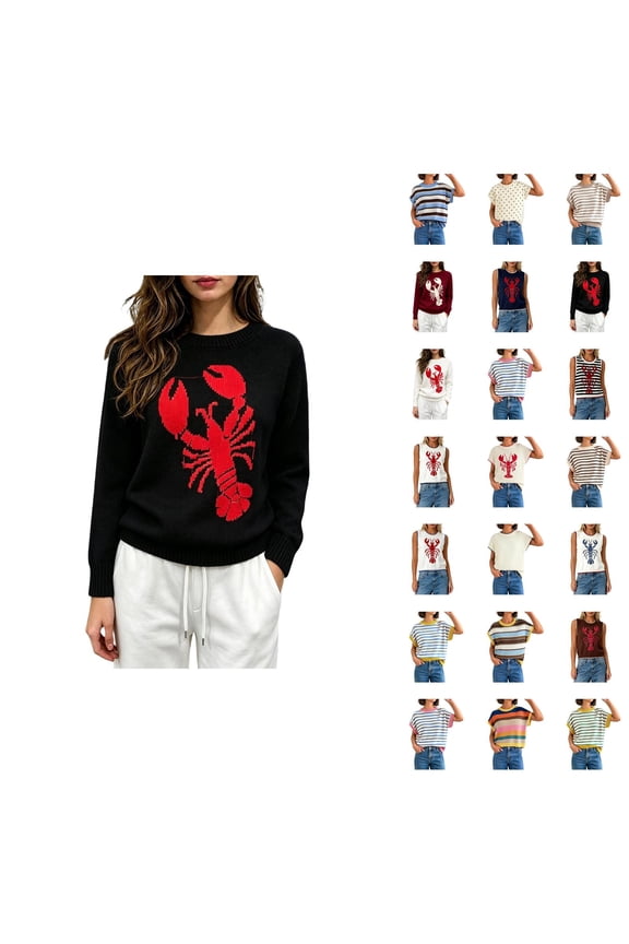 Crewneck Pullover Sweater With Lobster Pattern Casual Loose Knit Top For Fall Winter