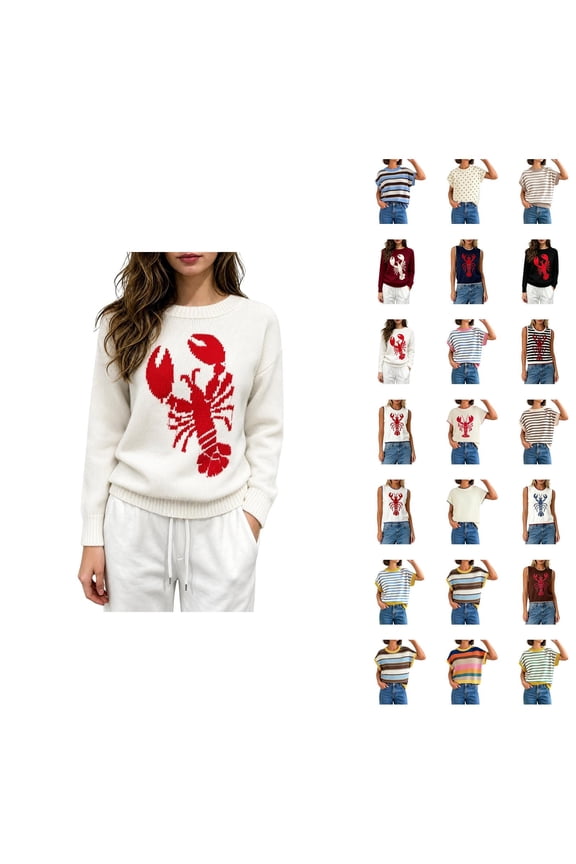 Crewneck Pullover Sweater With Lobster Pattern Casual Loose Knit Top For Fall Winter