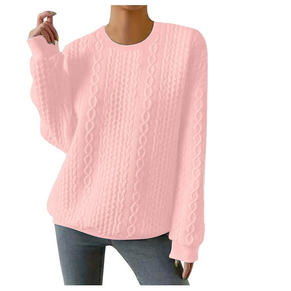 Crewneck Pullover Sweaters Knit Long Sleeve Pure Color Cozy Warm Jumpers for Women Fall Winter Casual Top (M, Watermelon Red)