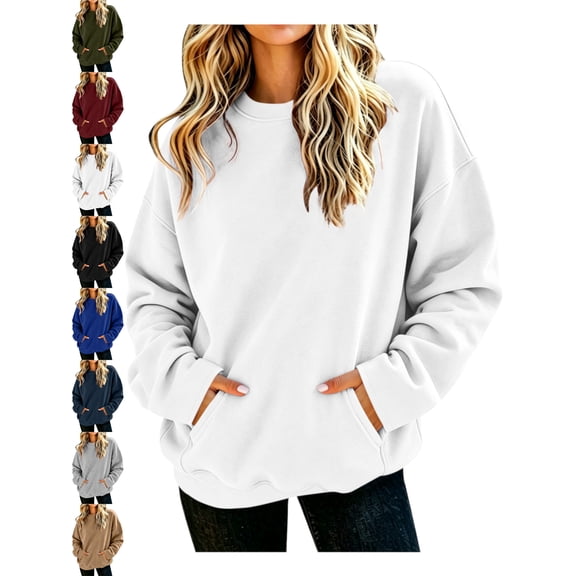 Crewneck Pullover Sweatshirt for Women Oversized Long Sleeve Kangaroo Pocket Basic Casual Everyday Fall Winter Top