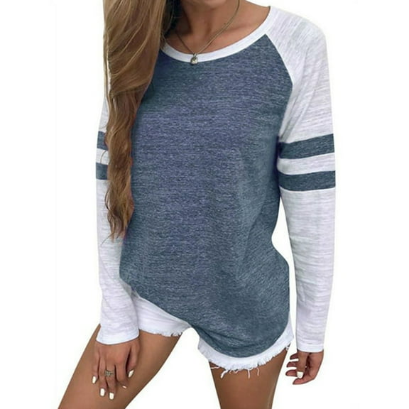 Crewneck Pullover Top Women Colorblock Striped Splice Long Sleeve Loose T-Shirts