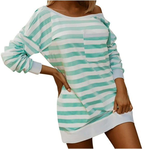 Crewneck Striped Sweatshirt Mini Dress Chest Pocket Long Sleeve Cotton Oversized Loose Pullover Fall Long Tops (S, Green)