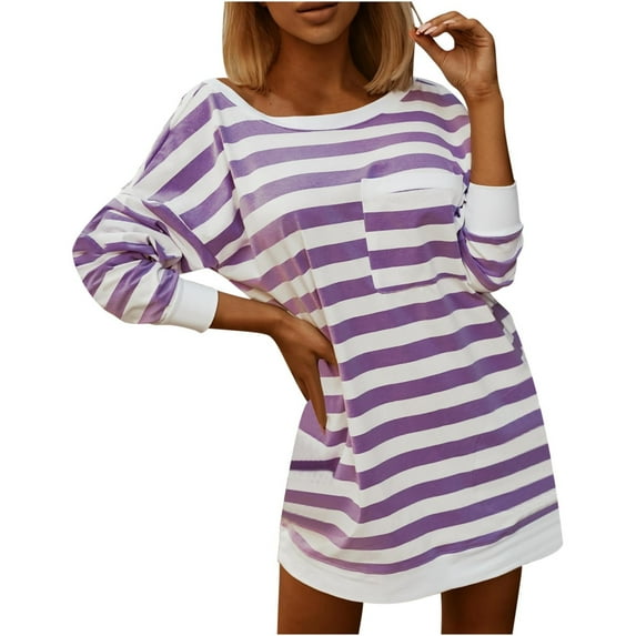 Crewneck Striped Sweatshirt Mini Dress Chest Pocket Long Sleeve Cotton Oversized Loose Pullover Fall Long Tops (XL, Purple)