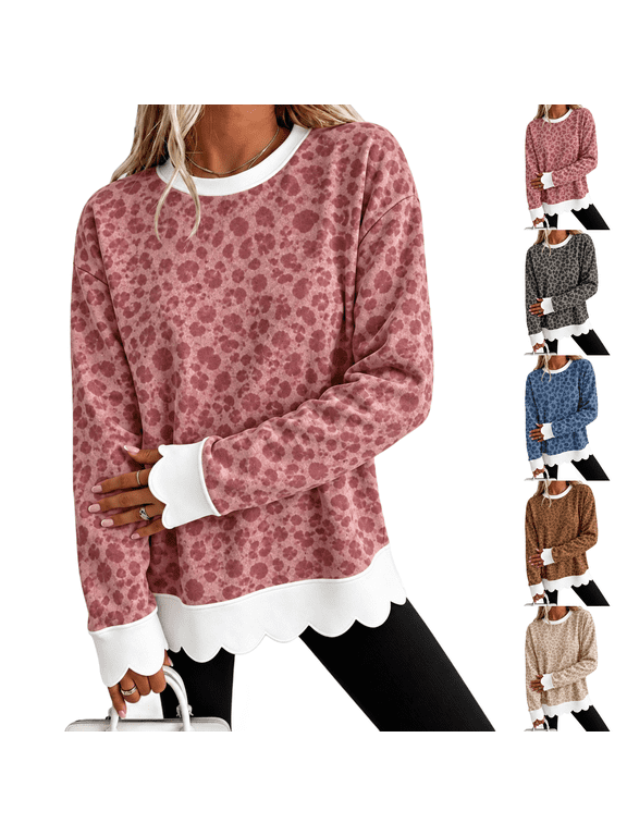 Crewneck Sweater Women Leopard Print Scalloped Top Soft Long Sleeve Drop Shoulder Winter Fall Clothes