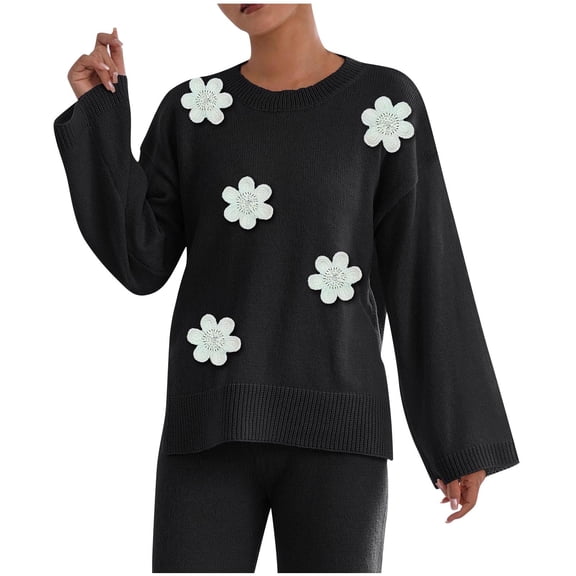 Crewneck Sweaters Womens Loose Long Sleeve Split Floral Pullover Sweater Ribbed Casual Fall Knitwear White, M