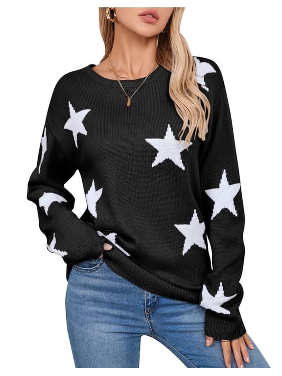 Crewneck Sweaters for Women Trendy Star Sweater Casual Pullover Sweaters Fall Lightweight Womens Sweaters Shermie