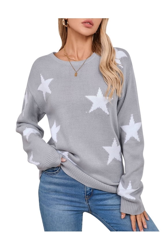 Crewneck Sweaters for Women Trendy Star Sweater Casual Pullover Sweaters Fall Lightweight Girls Sweaters Shermie