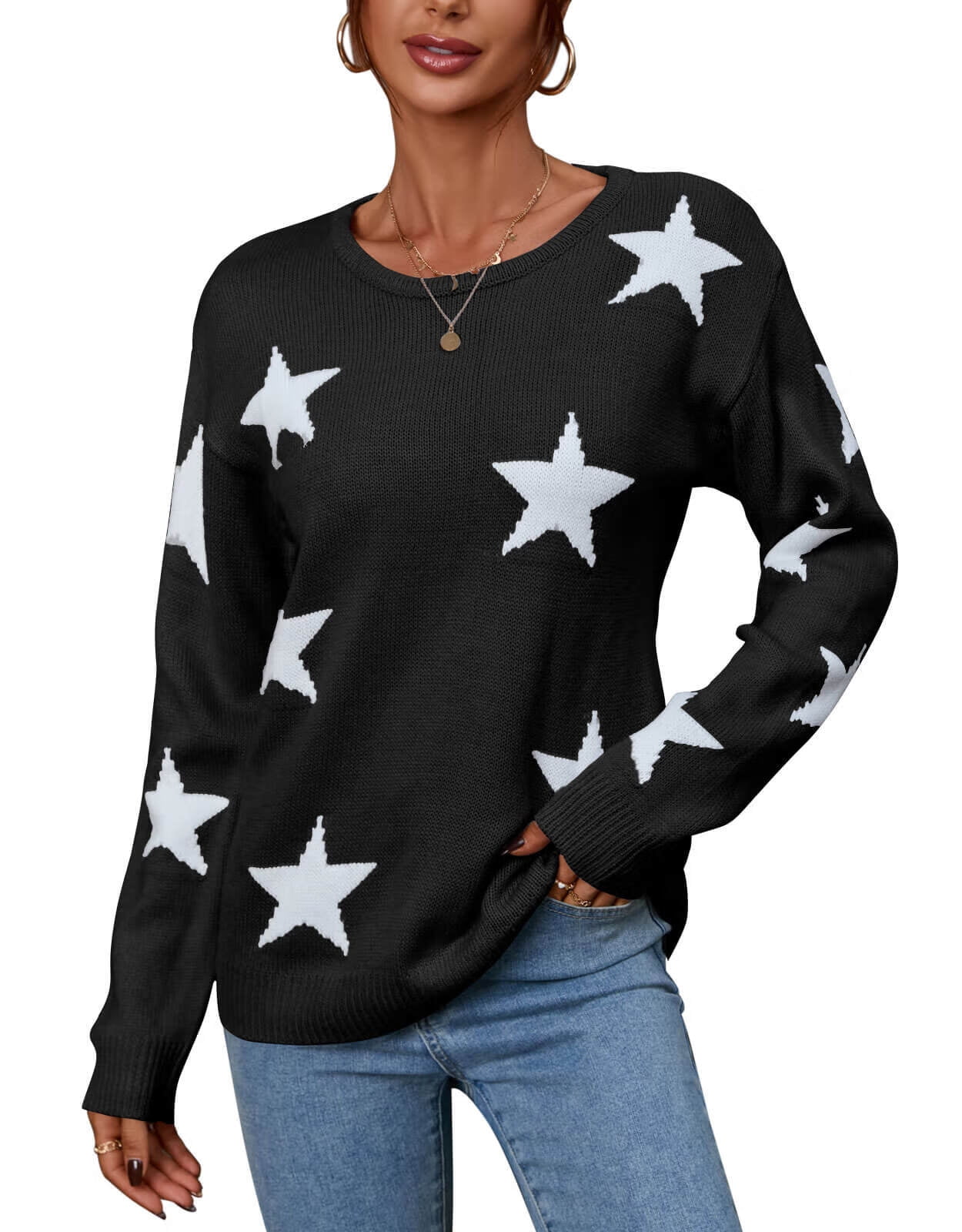 Crewneck Sweaters for Women Trendy Star Sweater Casual Pullover