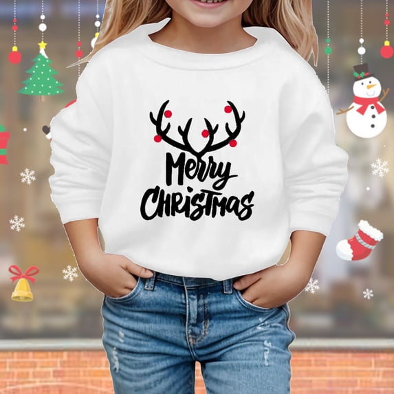 Crewneck Sweatshirt Boys Girls Christmas Letter Hoodless Long Sleeve Pullover White 4-5 Years