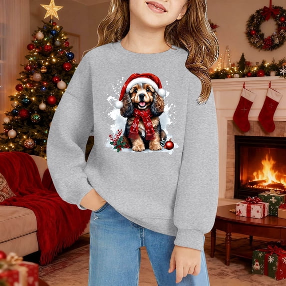 Crewneck Sweatshirt Childrens Christmas Tree Graphic Pocket Crew Neck Pullover Hoodless Top Grey