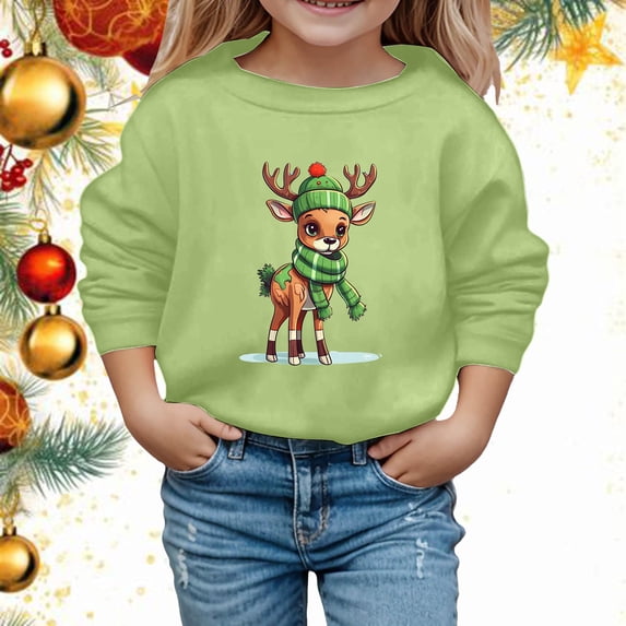 Crewneck Sweatshirt Childrens Reindeer Snowflake Fleece Crew Neck Long Sleeve Hoodless Top Light Green 12-13 Years